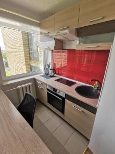 帕内韦日斯R&J Apartment II的一间带红色橱柜和水槽的厨房