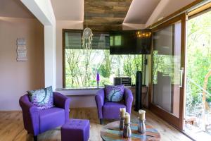 兰施泰因Ferienhaus auf der Schleuseninsel的客厅配有紫色椅子和电视