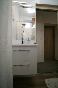 巴拉顿阿卡拉提亚Otium Wellness Apartmanház的白色的厨房配有水槽和镜子