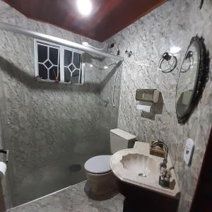 坎波斯杜若尔当SILVÉRIOS Suítes DA MONTANHA的一间带卫生间、水槽和镜子的浴室