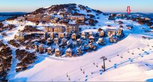 荷斯安山Alpine Cabin- Spa/Pool/Sauna的雪地中度假村的空中景观