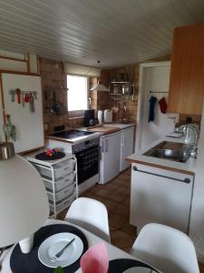 基姆湖畔贝尔瑙Ferienhaus Schmidt的厨房配有白色家电和桌椅