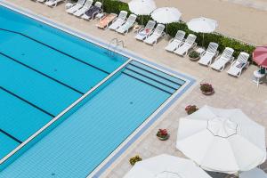 奥托纳玛拉酒店的享有带椅子和遮阳伞的游泳池的上方景色