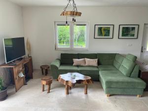 科雷尼察Milka house的客厅配有绿色沙发和桌子