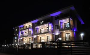 尼基季Theano Luxury Suites Nikiti的一座晚上有蓝色灯光的建筑
