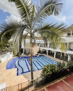 梅尔加Hotel Cacique Guaicani的游泳池前的棕榈树