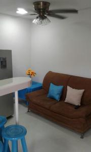 塔甘加Divijuka的客厅配有带2个蓝色枕头的棕色沙发