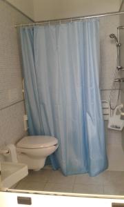 托雷苏达Salento SeaHouse的浴室配有蓝色的浴帘和卫生间