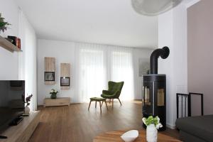 青斯特Blauwasser Luv的客厅设有壁炉和绿色椅子