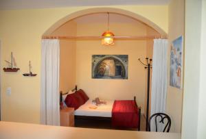 梅加洛克里Vineyards Hill Villa的一间带一张床铺的卧室,位于带拱门的房间