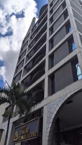 加拉加斯Hotel Chacao Cumberland的一座高大的建筑,前面有一棵棕榈树