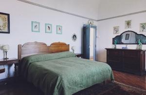福斯迪诺沃Castello Malaspina di Fosdinovo的一间卧室配有一张带绿毯的大床