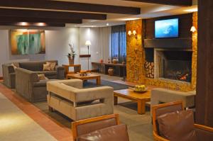 格拉玛多Sky Borges Hotel Alpenhaus - Gramado的带沙发和壁炉的客厅