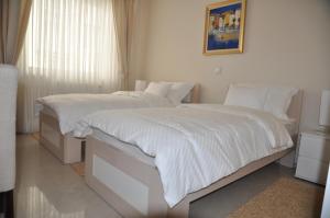 奥西耶克Widder Rooms的一间卧室配有两张带白色毯子和枕头的床