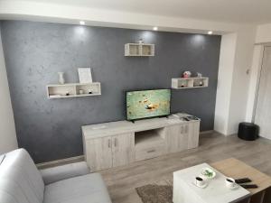 巴伊纳巴什塔Fantastik的一间客厅,客厅的灰色墙壁上配有电视