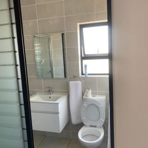 比勒陀利亚THE BLYDE CRISTAL LAGOON的一间带卫生间、水槽和镜子的浴室