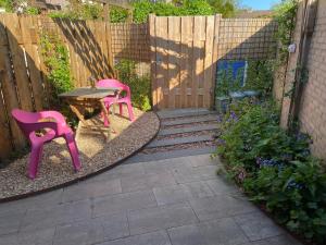 斯霍尔Studio Zonnehoek Schoorl的花园内带2把粉红色椅子和1张桌子的庭院
