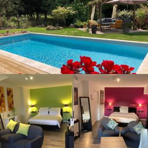 圣瑞尼安Les Chambres Lauryvan的酒店客房带两张床和一个游泳池