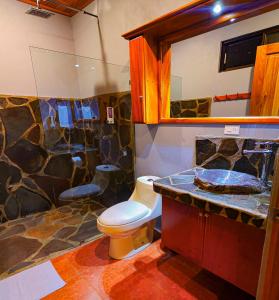 蒙泰韦尔德哥斯达黎加Sunset Vista Lodge,Monteverde,Costa Rica.的一间带卫生间和岩石墙的浴室