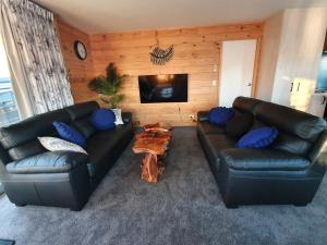 罗托鲁瓦Folia Domus NZ, Redwoods, MBT的客厅配有两张真皮沙发和一台电视机
