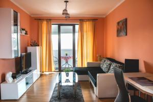 锡比乌Relaxing residence的客厅设有橙色的墙壁、沙发和电视