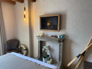 奥利维托拉里奥Al Molo 5 - Lake Front的一间卧室配有一张床、一台电视和一个壁炉