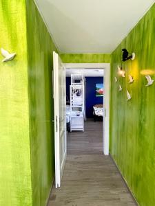 斯皮特安德劳Entzückende Garconniere im Herzen Spittals的一间设有绿色墙壁和走廊的客房