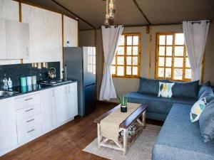 KlipdriftJabula Bush Camp的一间带蓝色沙发的客厅和一间厨房