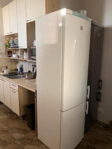 塔林Rotermanni hostel 4Floor NO LIFT的厨房配有白色冰箱。