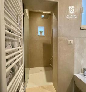 莫诺波利Palazzo Palasciano的设有带步入式淋浴间和盥洗盆的浴室