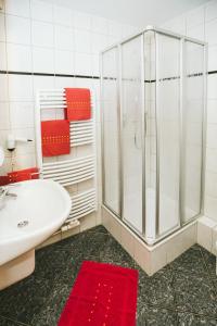 德尔布吕克Schultes Landhaus的带淋浴和盥洗盆的白色浴室