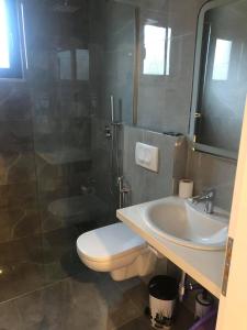 卡萨米尔Hotel Adriatik Ksamil的浴室配有卫生间、盥洗盆和淋浴。