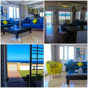 胡瓦里耶Villa Island Zembra的客厅四张照片,客厅配有蓝色沙发