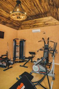 多博伊Ribarski konaci的健身房配有数辆健身自行车和吊灯