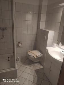 沃尔加斯特ALTE MOLKEREI Wolgast的浴室配有卫生间、盥洗盆和淋浴。