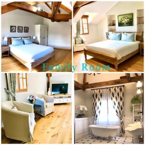 La Chapelle-AubareilLes Cèdres du Linard, Chambres d'Hôtes B&B Near Lascaux, Montignac, Sarlat-la-Canéda, Dordogne的家庭间四张照片的拼合