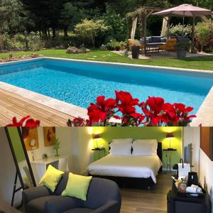圣瑞尼安Les Chambres Lauryvan的酒店客房带床和游泳池