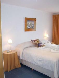 普埃洛湖Hosteria Tres Picos的一间卧室配有一张床和一张带台灯的桌子