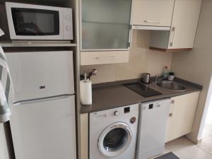 维拉Dumar Puerto Rey的小厨房配有洗衣机和微波炉