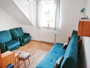 弗瓦迪斯瓦沃沃Willa Tarma的客厅配有蓝色的沙发和两把椅子