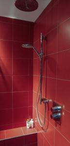 马累Le Colombe的红色的浴室设有红色墙壁和淋浴
