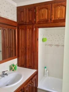 圣阿古斯丁Confortable independent Villa的浴室配有木制橱柜、水槽和浴缸。