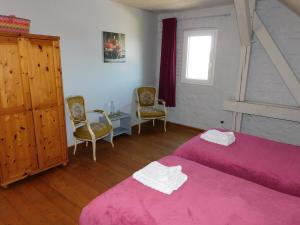 布尔格-罗伊兰德Holiday Home Weisten 5的一间卧室配有两张床和一张桌子及椅子