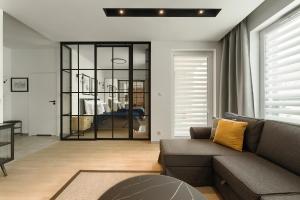 波兹南Zentrum Apartament IMPERO z Parkingiem的带沙发和玻璃门的客厅