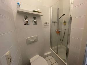莱比锡LE-Citywohnung-II的带淋浴和卫生间的白色浴室