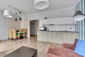 格但斯克Grand Apartments Szafarnia 8的厨房以及带沙发和桌子的客厅。