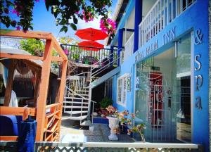 圣安德烈斯Casa Royal Palm Inn的蓝色的建筑,设有楼梯和雨伞