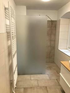 阿特尔高地区圣格奥尔根Appartement Attergau的一间带玻璃门步入式淋浴间的浴室
