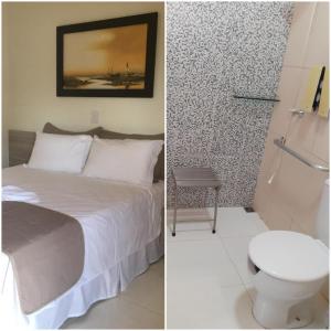 ComodoroRossi Hotel的卧室两张图片,卧室配有一张床和一个卫生间