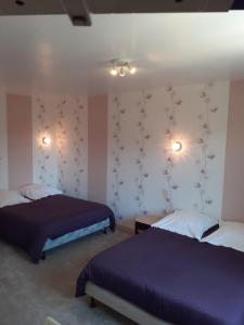 圣马丹-昂布雷斯Au puits enchanté的配有紫色床单和壁纸的客房内的两张床